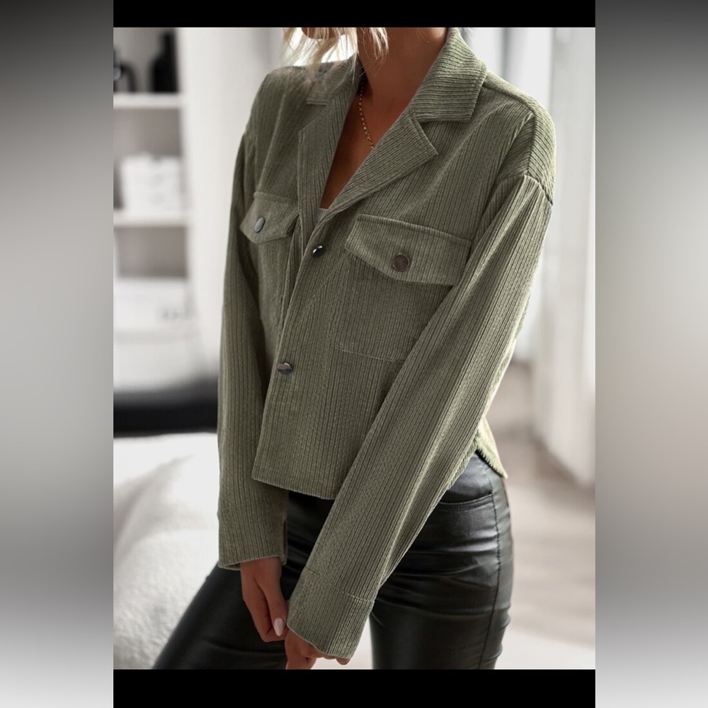 NWOT New XL 12 SHEIN flap pocket Corduroy Button-Up Jacket blazer olive green - Picture 16 of 17